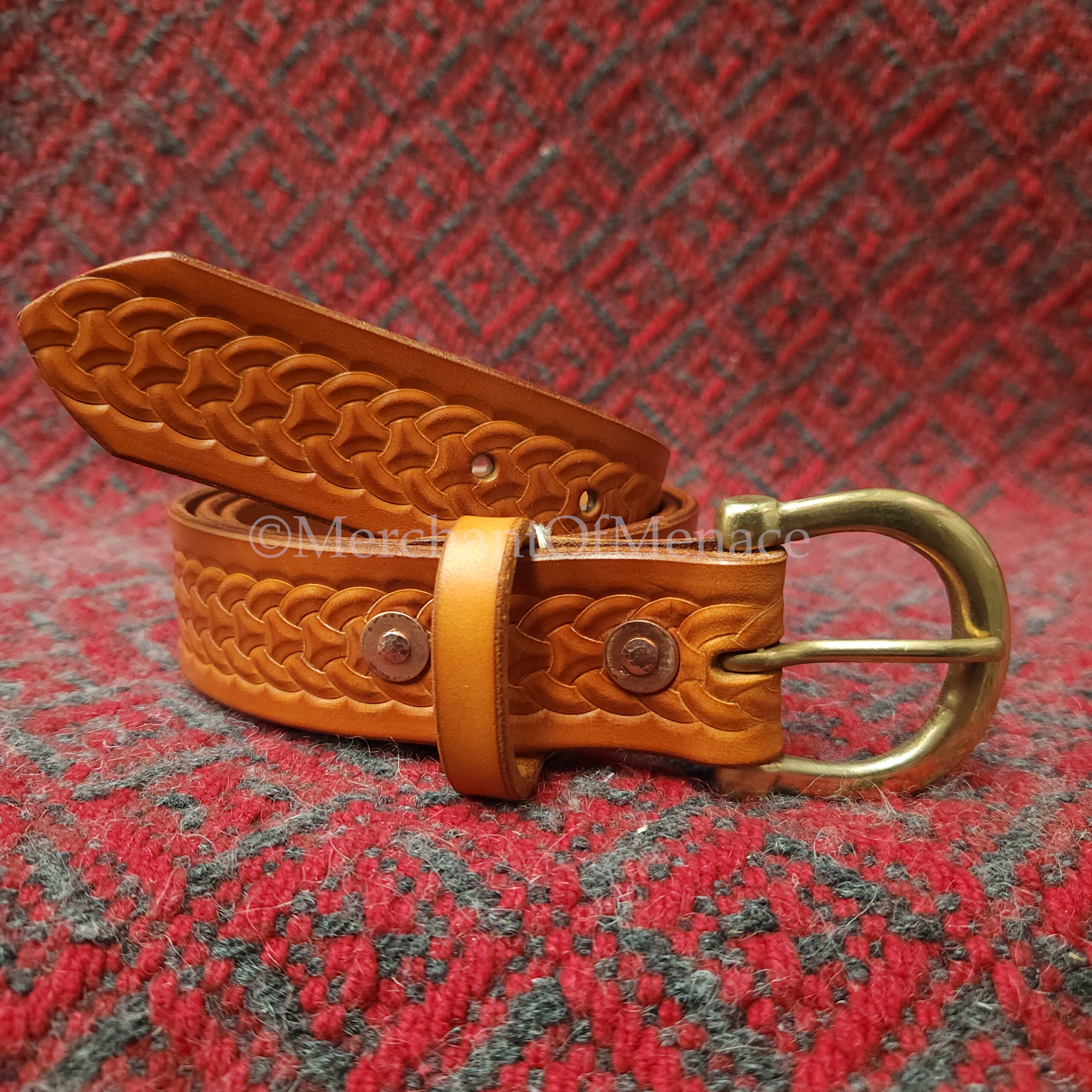 Viking Inspired Hand-Made Leather Belt, Broad Knotwork & Torc Buckle - Image 5